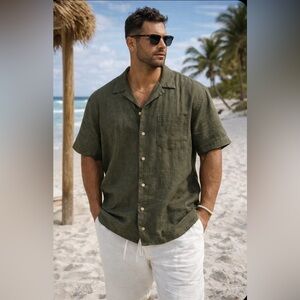 Oliver Spencer Havana Linen Short-Sleeve Shirt Mens XXL Camp Collar Green